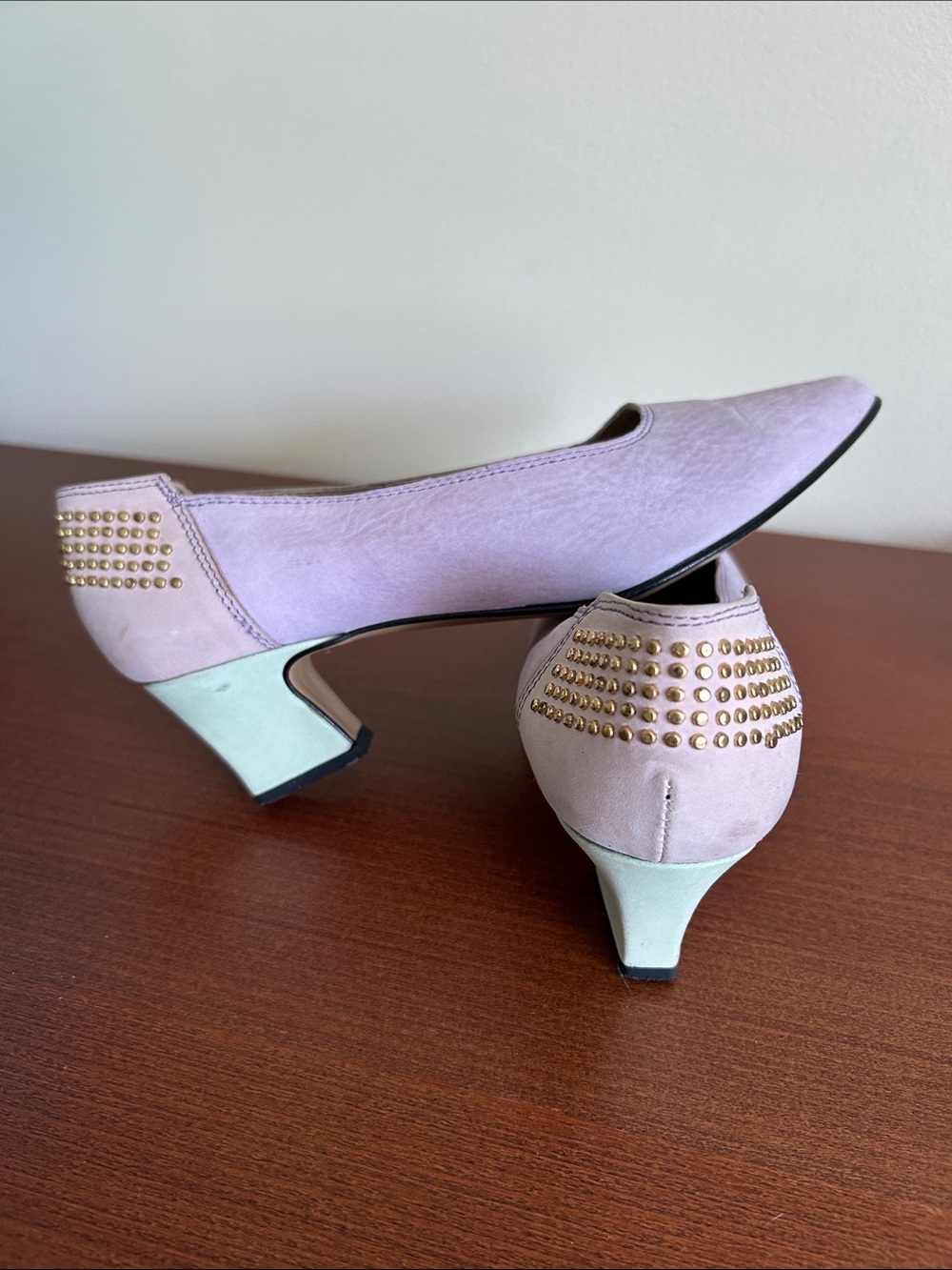 Lilac Suede Low Heel Pumps with Gold Stud Detailing